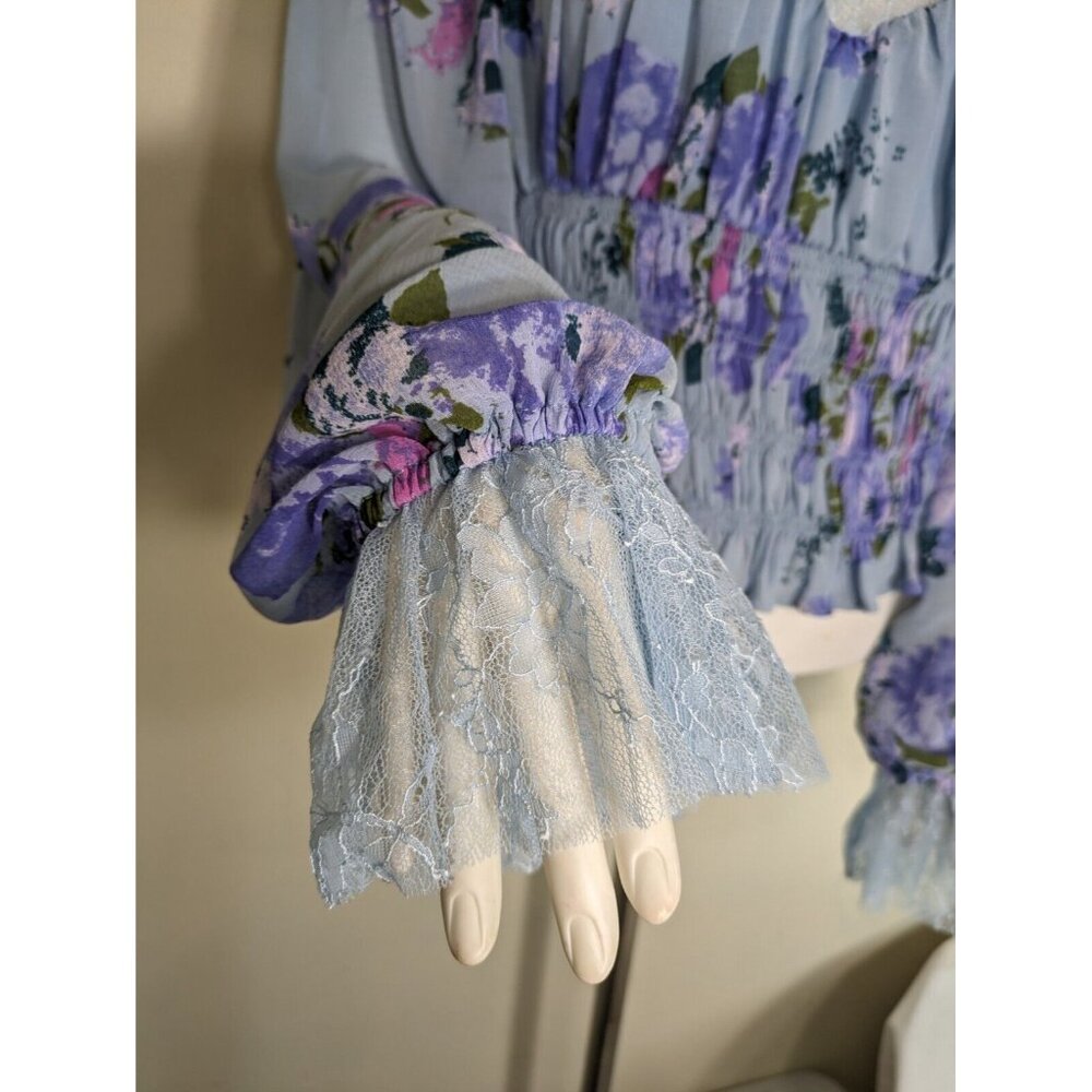 Free People Women's Size M Daphne Blouse Silver Blue Combo Smocked Cropped 37 - Picture 13 of 13